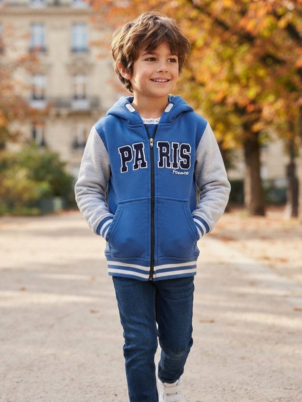Paris France 🇫🇷 kids zip up sweatshirt. Blue / Grey. Size 8 - Picture 1 of 5